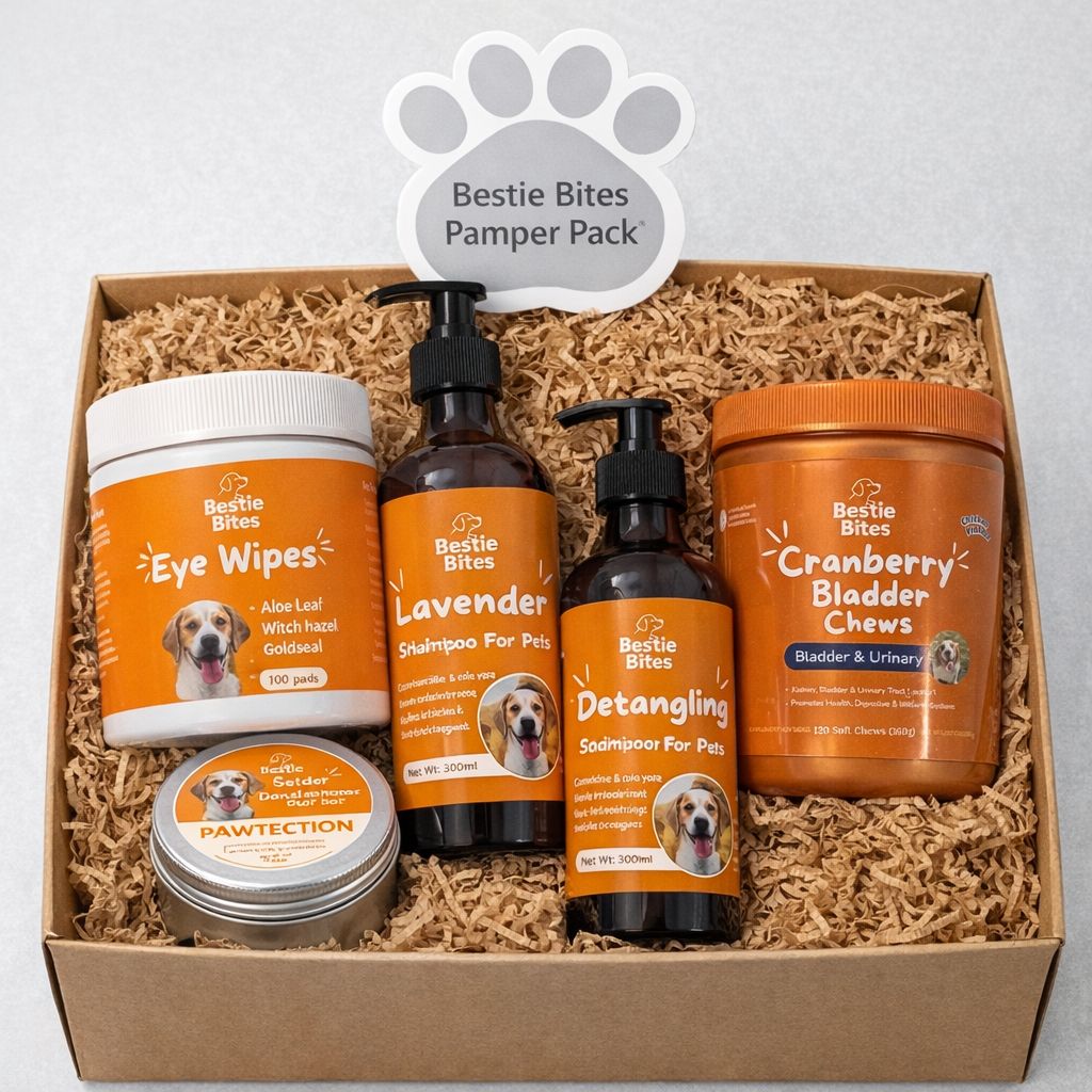 Bestie Bites Ultimate Dog Pamper Pack with grooming and care products