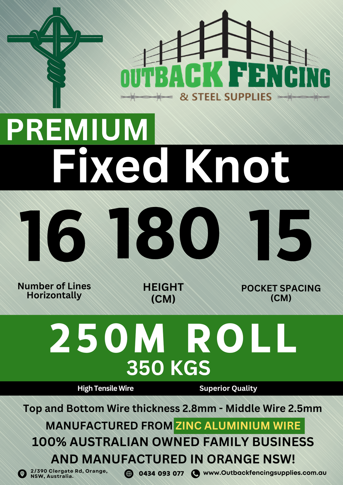Fixed Knot 16/180/15 exclusion fencing mesh — 250m roll spec label, Outback Fencing & Steel Supplies, Orange NSW