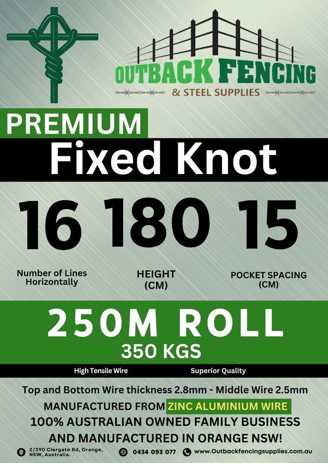 Fixed Knot 16/180/15 exclusion fencing mesh — 250m roll spec label, Outback Fencing & Steel Supplies, Orange NSW