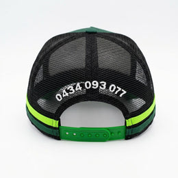 Outback Fencing trucker cap, approved rear view with mesh and green snapback