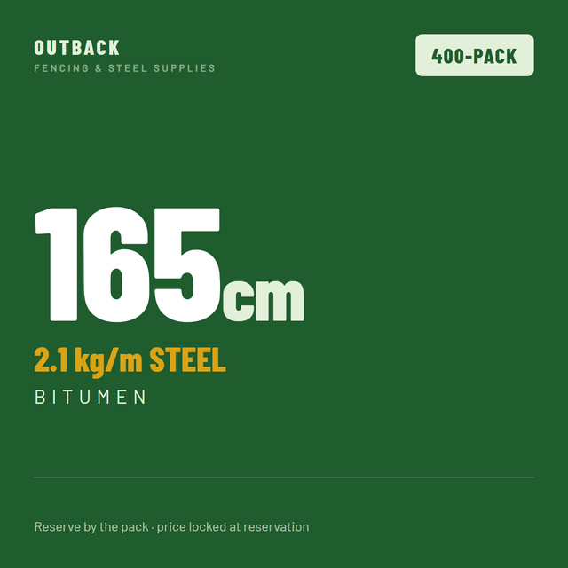 Reserve Batch spec tile — 400-pack of 165cm bitumen Outback Pickets, 2.1 kg/m